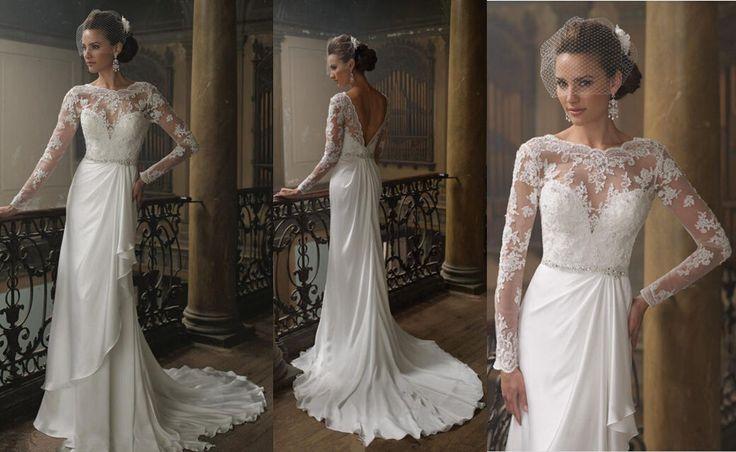 Hochzeit - Round Neck Long Sleeve V Backless Lace Chiffon Elegant Wedding Dress Bridal Gown