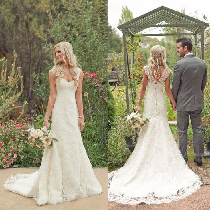 زفاف - 2015 New Lace Wedding Dresses Cap Sleeve White Ivory Bridal Gown With Long Train