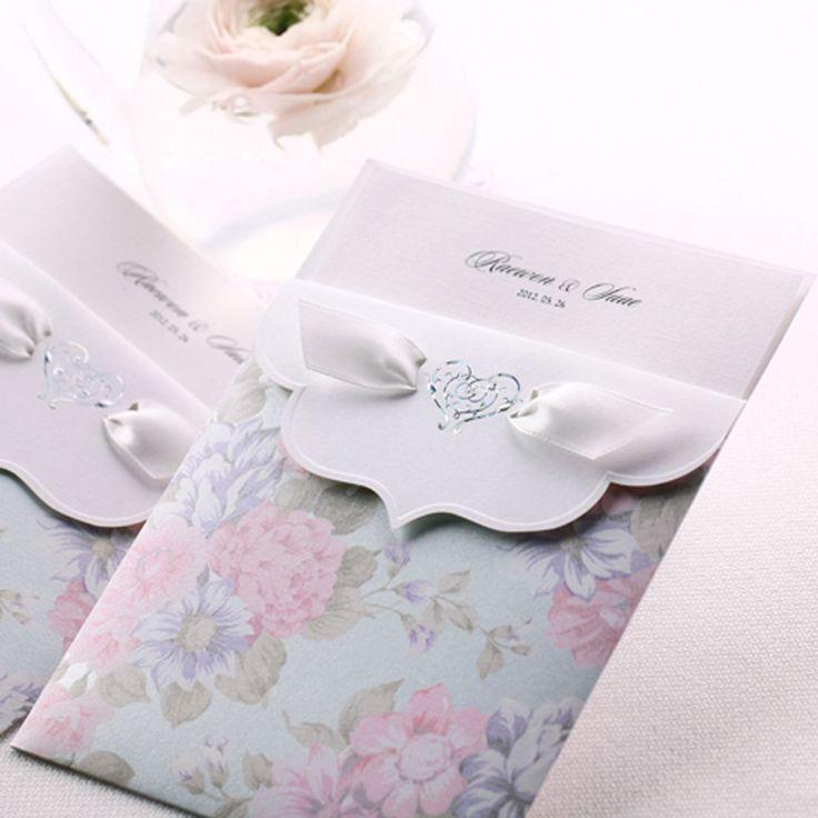 زفاف - 100 Sets Wedding Invitation Floral Silk Ribbon 100 Card  100Evps 100Seals BH2076