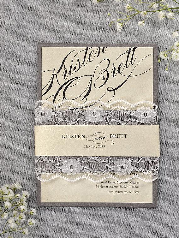 زفاف - Custom listing (90) Grey and Ivory Wedding Invitation (81 printed, 9 blank envelopes), 1 GUESTBOOK, Calligraphy Wedding Invitations , - New