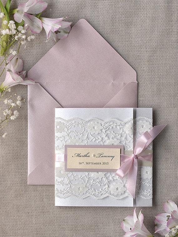 Hochzeit - Custom listing (100) Pink Lace Wedding Invitation, Ivory Wedding Invitation, Pocket Fold Wedding Invitations , Vintage Wedding invitation - New