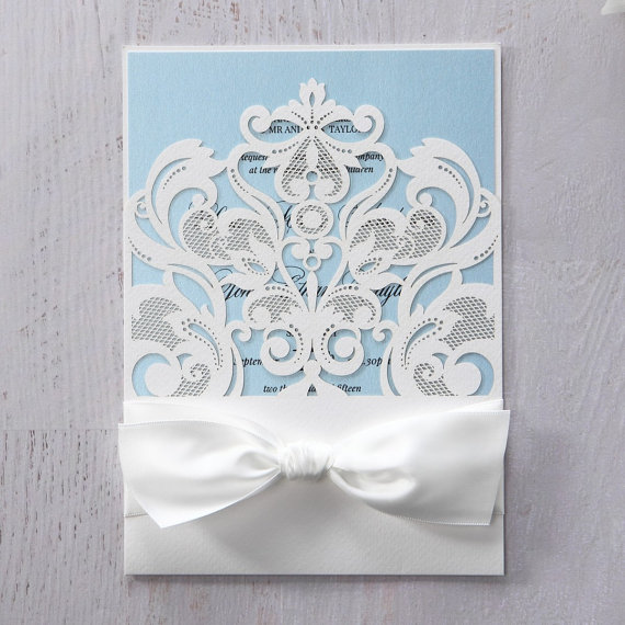 Mariage - Classy Laser Cut with White Bow - Wedding Invitation Sample (IWP14081-BL) - New