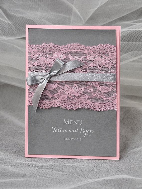 Mariage - Custom listing (10)  Lace Wedding Menu, Grey and Pink Wedding Menu , Pink Lace wedding menu - New