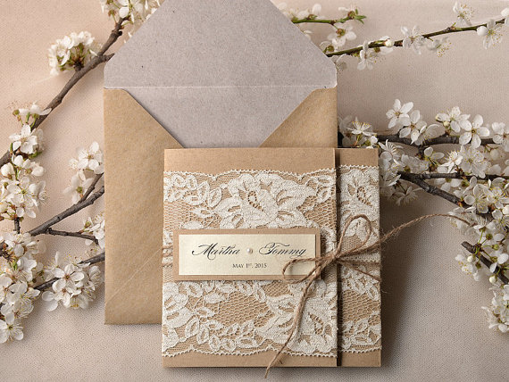 زفاف - Custom listing (20) Recycling Paper, Lace Wedding Invitation, Pocket Fold Rustic Wedding Invitation - New
