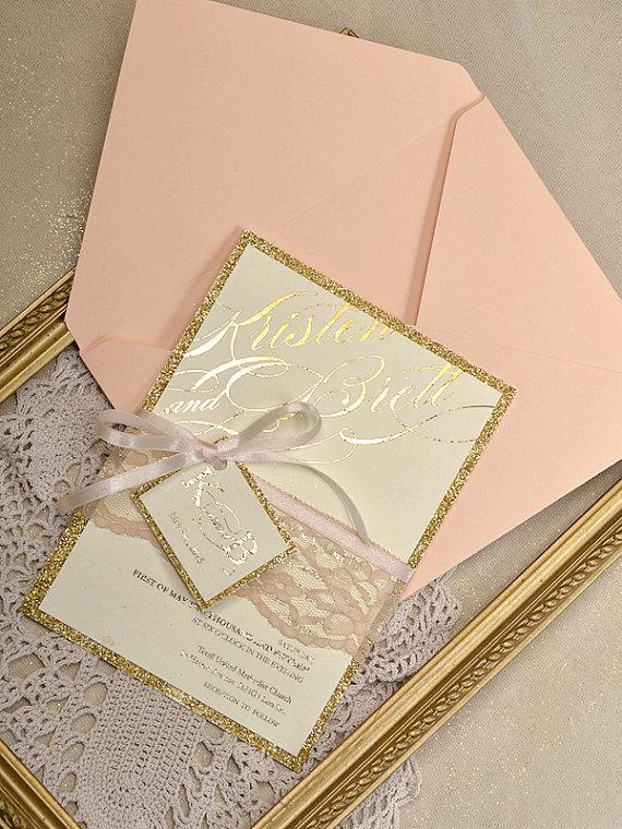 Свадьба - Custom listing (20) Gold Glitter Wedding Invitation, Peach Gold Invitation, Wedding Glitter Lace Invitations, Glamour Peach Inviation - New