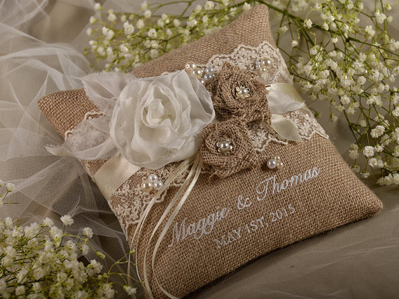 Hochzeit - WEDDING SET Lace Rustic Wedding Pillow & Burlap Basket - New