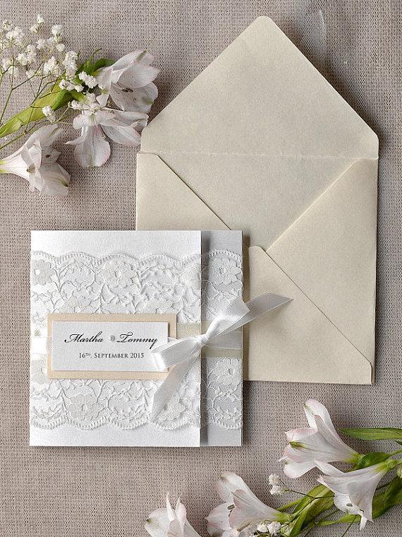 زفاف - White Lace Wedding Invitation -  Ivory Wedding Invitation