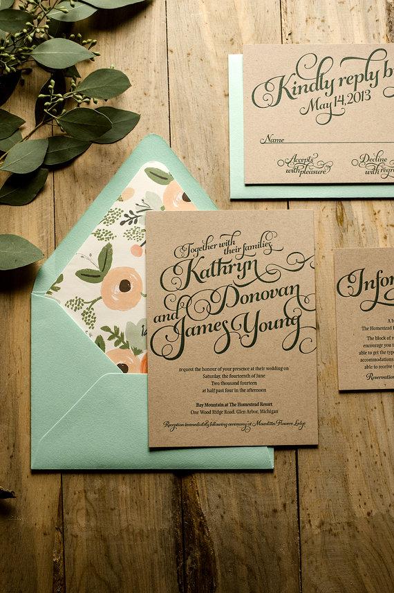Свадьба - Rustic Wedding Invitation -  Mint & Kraft Wedding Invitation