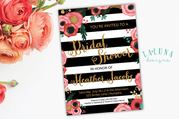 Wedding - Bridal Shower Invitation -  Floral Black & White Stripe Bridal Shower Invite