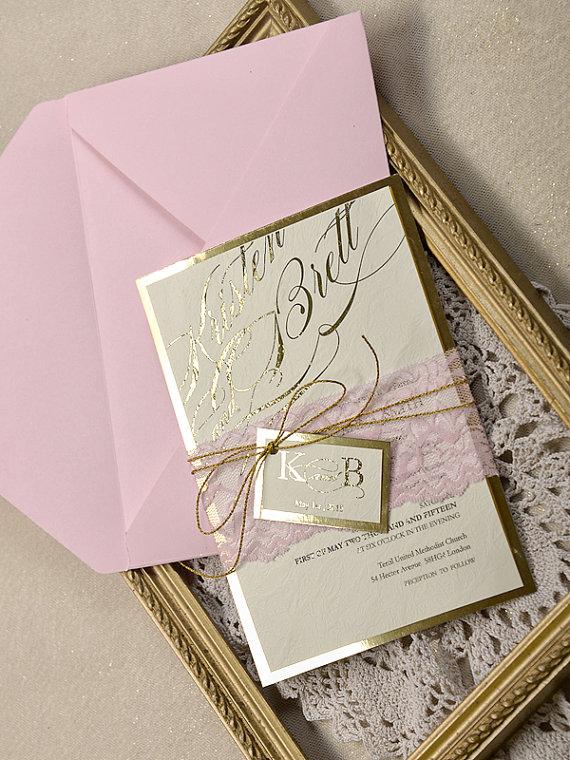 زفاف - Pink and  Gold  Wedding Invitation -  Wedding Pink Lace Invitations