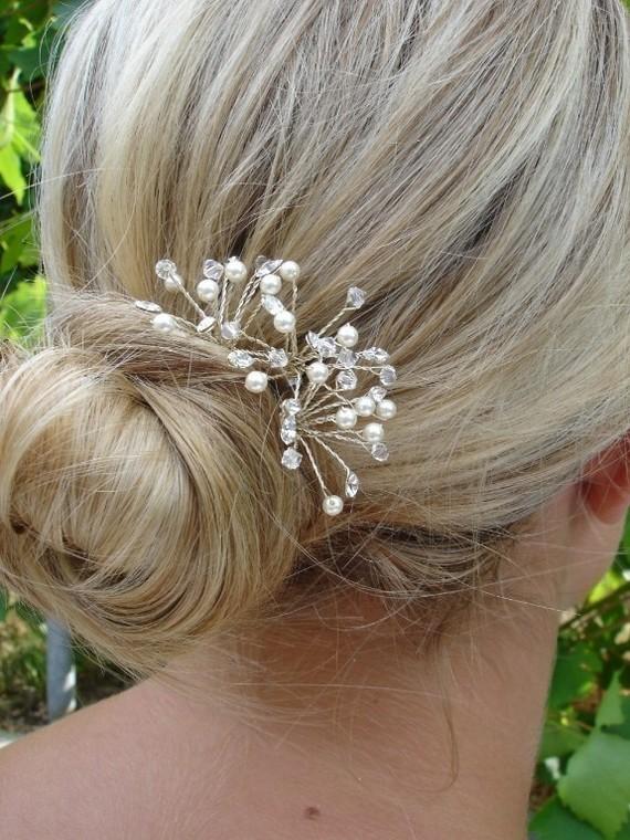 زفاف - Bridal Hairpins, Swarovski Crystal & Pearl, Set of Three (3) - New