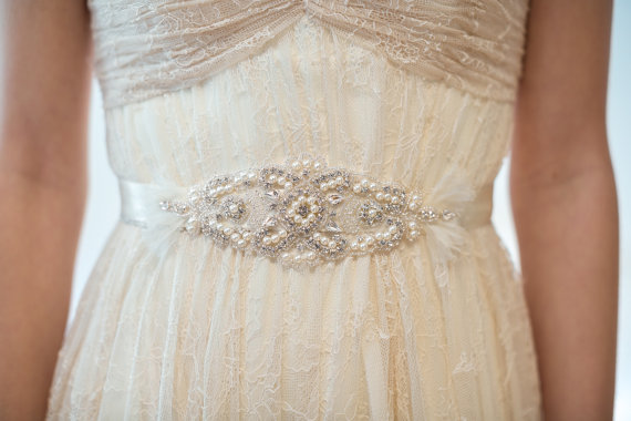 زفاف - Bridal Gown Sash, Wedding Dress Sash, Rhinestone  Beaded Sash - New