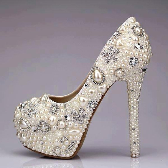 زفاف - Handmade Crystal Pearl Wedding Shoes - New