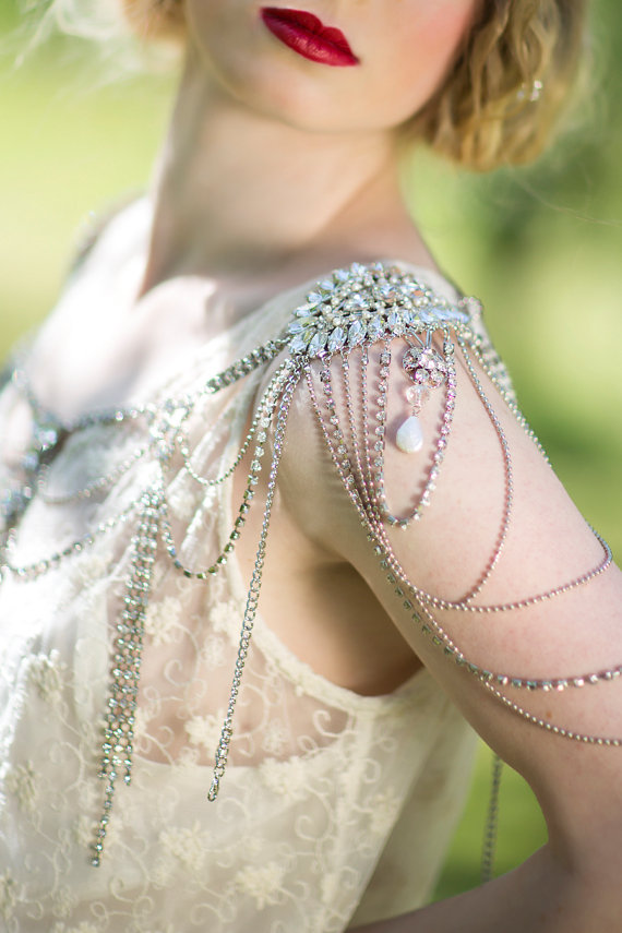 Mariage - Bridal Rhinestone Shoulder Jewelry , Crystal Epaulettes, Wedding Dress Accessory - New