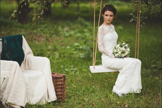 زفاف - Fitted Style Lace Long Wedding Dress with Lase Sleeves M38 -  Ivory Lace Wedding Gown