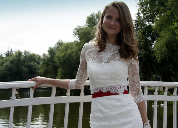 زفاف - Fitted style short wedding dress with lace jacket  M34 - New