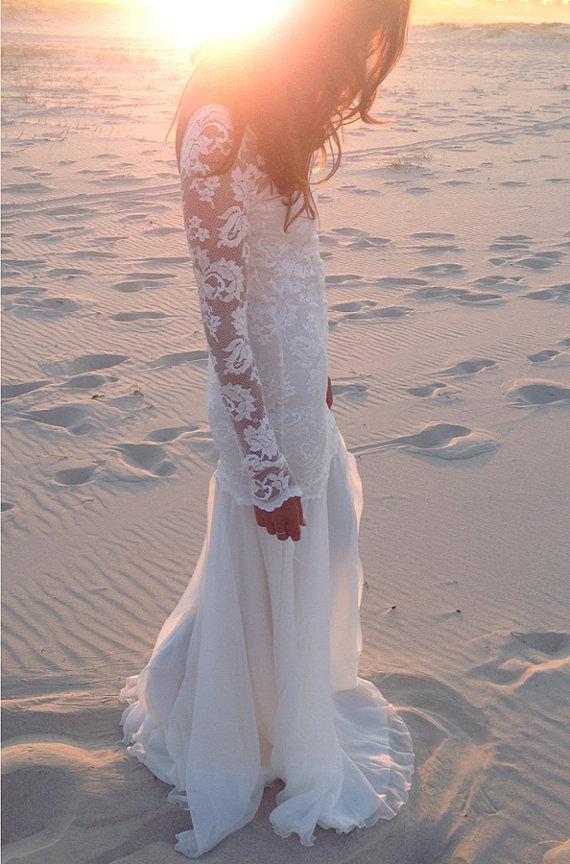 Mariage - Long lace sleeve wedding dress with stunning low back and silk chiffon train boho vintage bride - New