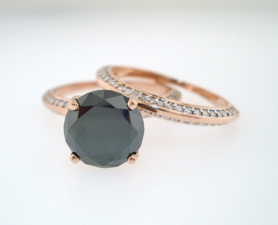 زفاف - Fancy Black Diamond Engagement Ring Wedding Band Sets 14K Rose Gold 1.61 Carat  Micro Pave HandMade - New