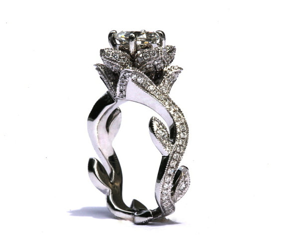 زفاف - BLOOMING Work Of Art - Milgrain Flower Rose Lotus Diamond Engagement Ring - 1.75 carat - 14K white gold - brides - fL07 - Patented design - New