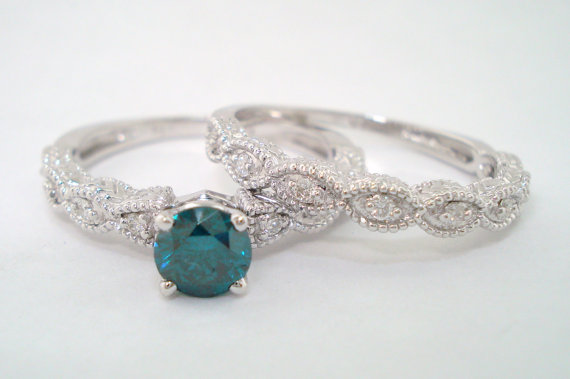 زفاف - Art Deco Blue Diamond Engagement Ring Wedding Band Sets 14K White Gold 0.63 Carat Handmade - New