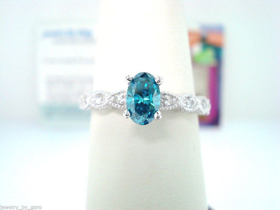 Свадьба - Oval Blue Diamond Engagement Ring 0.54 Carat 14K White Gold Vintage Style Engraved Handmade Certified - New