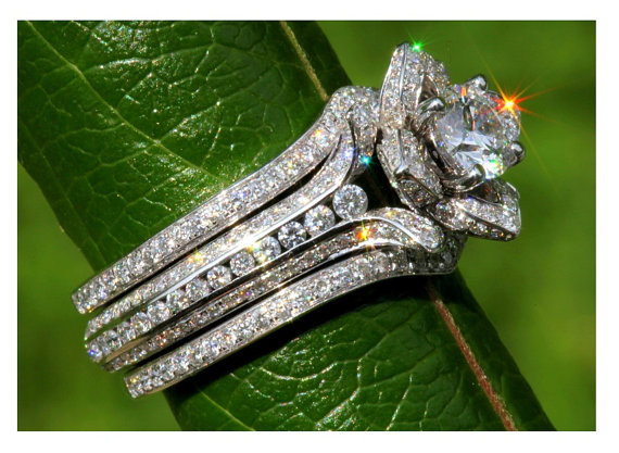 زفاف - Wedding SET - Gorgeous UNIQUE Flower Rose Diamond Engagement Ring and Wedding band set - 2.85 carats - 14K white gold - custom made - fL01-S - New