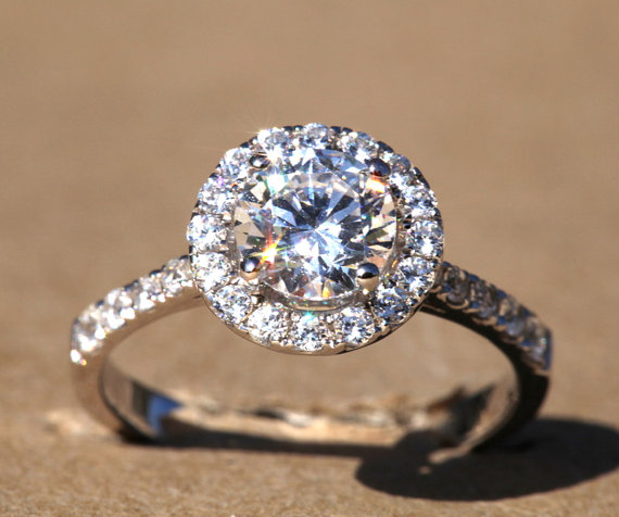 زفاف - Diamond Engagement Ring  -14K white gold - Round - Halo - Pave  - Bph025 - New