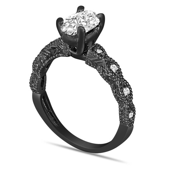 زفاف - D Color Oval Diamond Engagement Ring GIA Certified DSi1 1.09 Carat Vintage Style 14K Black Gold or White Gold Engraved Handmade Certified - New