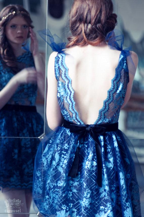 زفاف - Blue lace evening dress, open back dress, only one size - New