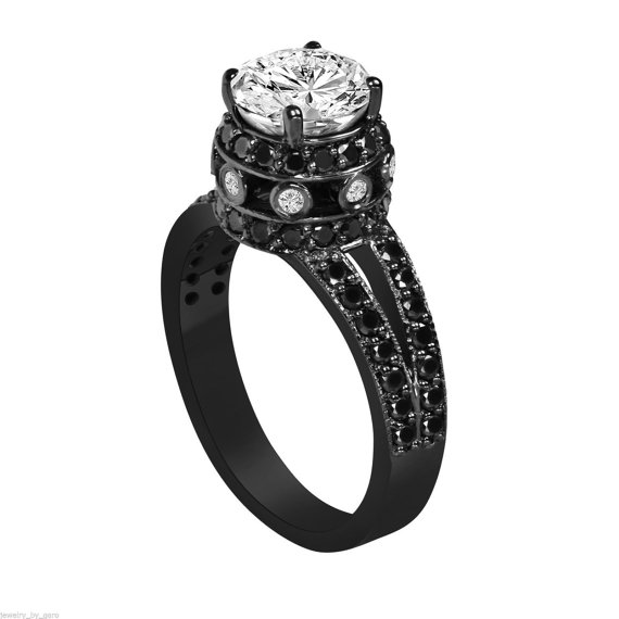 زفاف - White & Black Diamond Engagement Ring Vintage Style 14K Black Gold 1.86 Carat Unique EGL  USA Certified Pave Set handmade - New