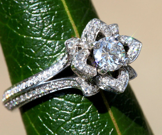 زفاف - Two Rows - UNIQUE Flower Rose Diamond Engagement Ring Semi mount -Setting - 1.25 carat - 14K white gold  - art deco - fL05 - New
