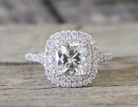 Свадьба - SET - 7mm Cushion Moissanite Diamond Split Shank Engagement Ring in 14K White Gold - New