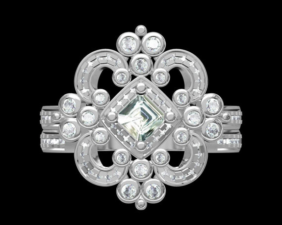 Hochzeit - Matching wedding band for DUCHESS Diamond Engagement or RIGHT Hand Ring 14K white gold -Asscher Cut - Round - Bp0011 - New