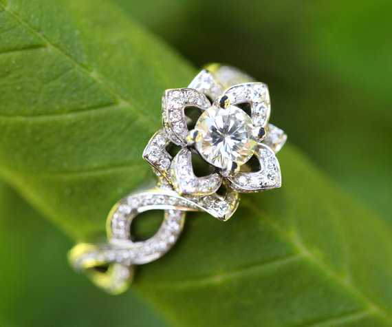 زفاف - LOVE IN BLOOM - Platinum - Flower Lotus Rose Diamond Engagement or Right Hand Ring - Semi mount Setting only -  -fL03 - New