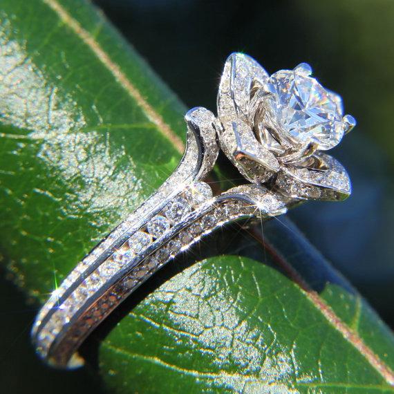 Mariage - UNIQUE Flower Rose Diamond Engagement or Right Hand Ring - 2.25 carat - 14K white gold - wedding - brides - fL01 - New