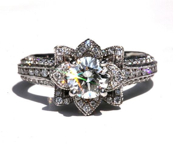 Hochzeit - MILGRAIN - Gorgeous UNIQUE Flower Lotus Rose Diamond Engagement Ring - 2.25 carat - 14K white -  rose