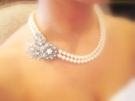 Wedding - Bridal pearl necklace, vintage style necklace with Swarovski ivory pearls and Swarovski crystals, wedding jewelry - New