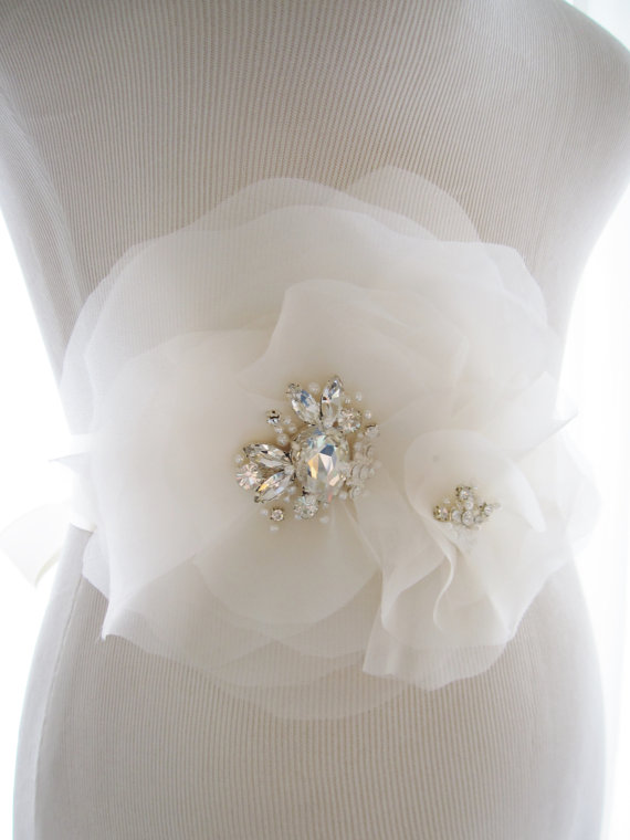 Wedding - Silk Organza and Rhinestone Bridal Sash, wedding sash, bridal belt, rhinestone wedding belt - New