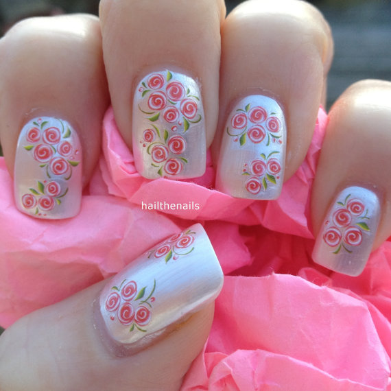 Hochzeit - Nail WRAPS Nail Art Water Transfers Decals -  Peach Tiny Rose Buds Nails YD076 - New