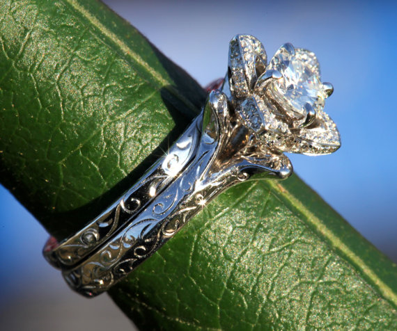 Hochzeit - Wedding Set -  UNIQUE Flower Rose Diamond Engagement Ring and Wedding band set Engraving- 1.00 carats - 14K white gold - custom made - fL09 - New