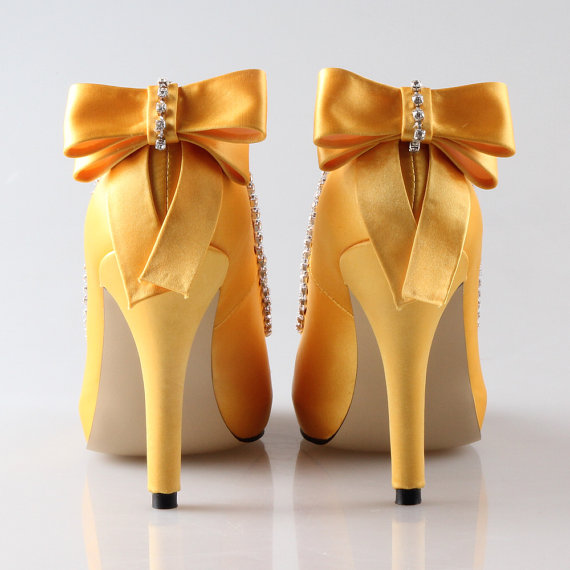 Hochzeit - Burned yellow sunbeam bow shoes  -  peep toe wedding party prom sweet bow shoes