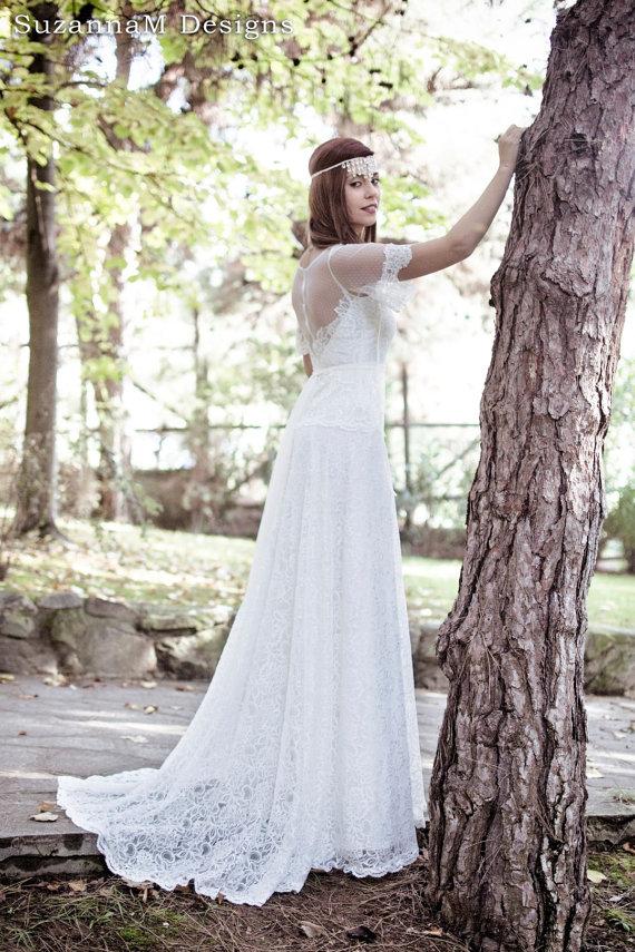 Mariage - Boho Long Wedding Dress Ivory Lace Wedding Gown Long Bridal Gown White Lace Bridal Wedding Dress - Handmade by SuzannaM Designs - New