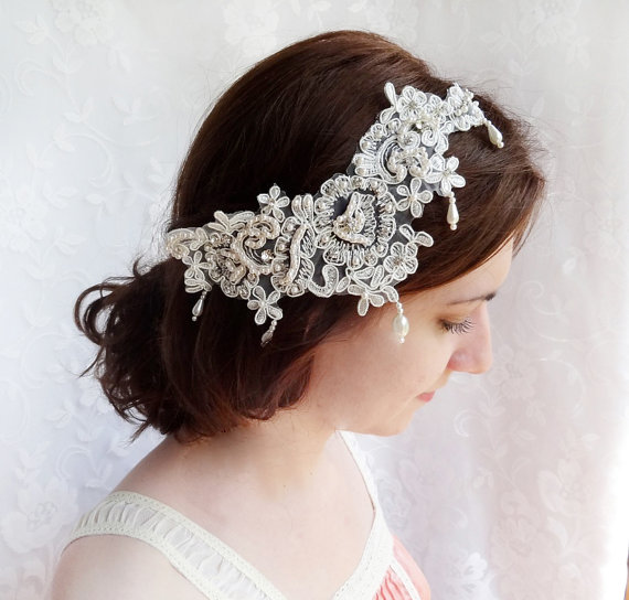 زفاف - lace rhinestone wedding hair accessory -  ivory bridal headpiece