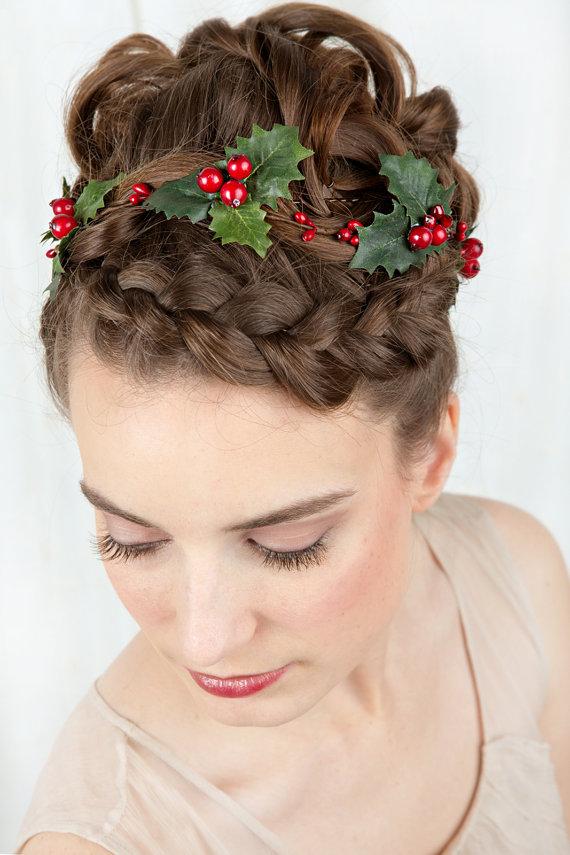 Wedding - holiday hair accessories, holly hair clip, christmas hair clip, girls christmas headband, holly berries, hair accessory, flower garland - New