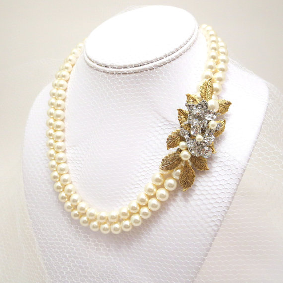 زفاف - Bridal pearl necklace, Antique gold necklace, Rhinestone accent necklace, Wedding jewelry, Vintage style necklace - New