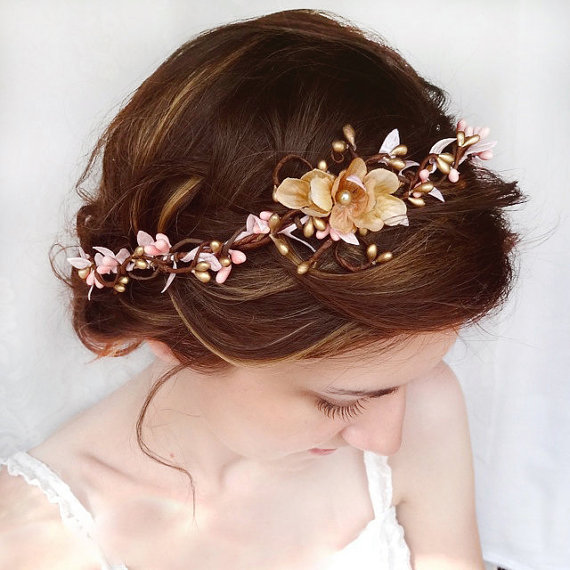 زفاف - wedding hair accessories, pink flower hair circlet, gold flower hair accessory, wedding headpiece - SERAPHIM - bridal flower hair wreath - New