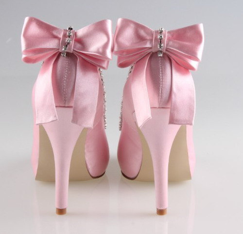 Wedding - Handmade soft pink bow crystal wedding shoes party shoes prom peep toe flush pumps - New
