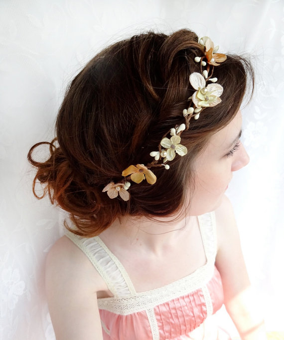 زفاف - champagne bridal headband, hair accessories, gold flower hairpiece, flower circlet halo - PERSEPHONE - beige headband, flower girl headband - New