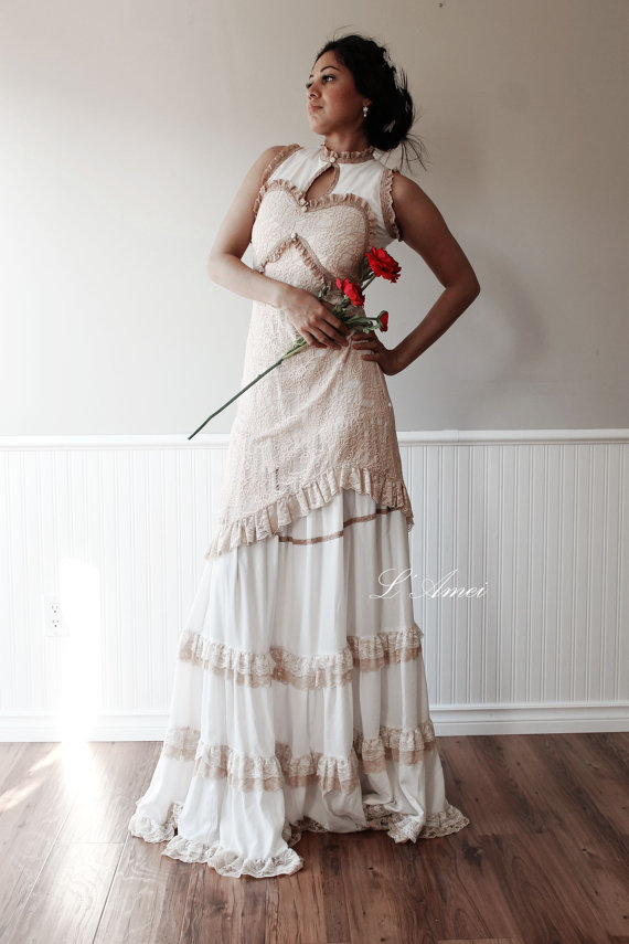زفاف - Custom Made Vintage Victorian Style Wedding Bridal Dress in Antique Sheer White Cotton and Lace - New
