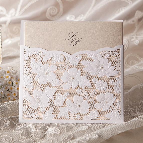 Hochzeit - 50 Pcs Pure White Lace Wedding Invitation With Envelopes and Seals